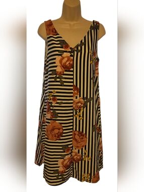 Sleeveless Striped Midi Dress with Rose Print - Black, White & Rose